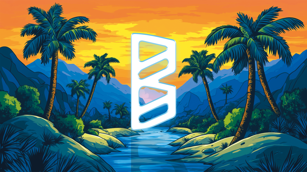 Ilustración vibrante inspirada en un paisaje tropical al atardecer. Palmas altas enmarcan un río cristalino que fluye entre colinas cubiertas de vegetación. En el centro, resalta una figura geométrica blanca con bordes azules, evocando la identidad visual de Bahidorá. El fondo muestra montañas en tonos azules y un cielo en degradado de naranja y amarillo, creando una atmósfera cálida y envolvente.