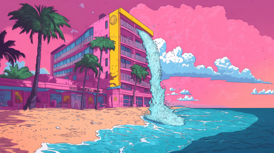 Hotel en la playa vertiendo grandes cantidades de agua al mar, ilustración en tonos vibrantes y surrealistas.