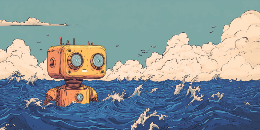 Ilustración de un robot amarillo con ojos grandes y redondos emergiendo del océano, rodeado de olas y con un cielo azul lleno de nubes en el fondo. Algunas aves vuelan en el horizonte.