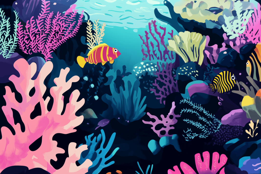 Arrecife de coral vibrante con peces tropicales nadando entre corales de distintos colores y formas, representando la biodiversidad marina.