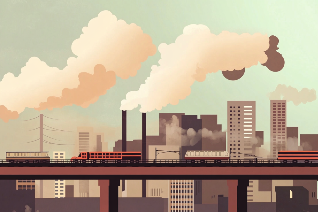 Ilustración de una ciudad industrial con altos niveles de contaminación del aire, chimeneas emitiendo humo y trenes circulando en un puente elevado.
