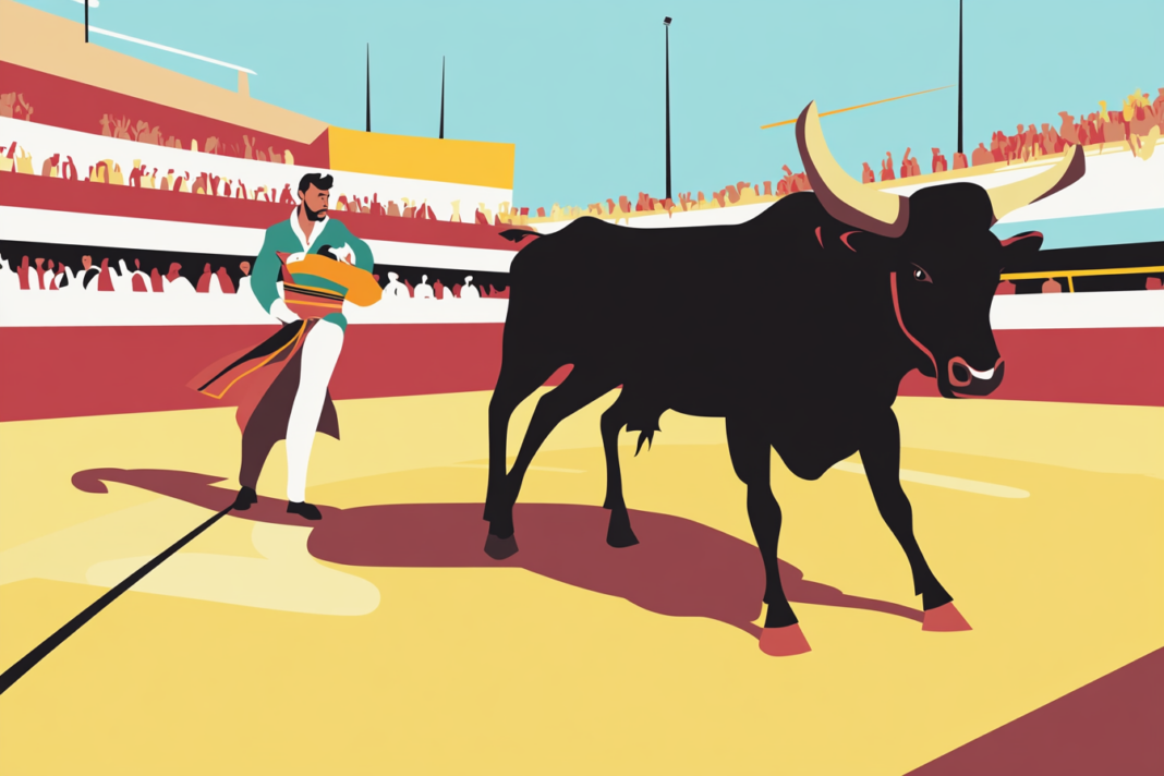 Ilustración de una corrida de toros sin violencia en la CDMX, mostrando a un torero junto a un toro protegido en una plaza llena de espectadores.