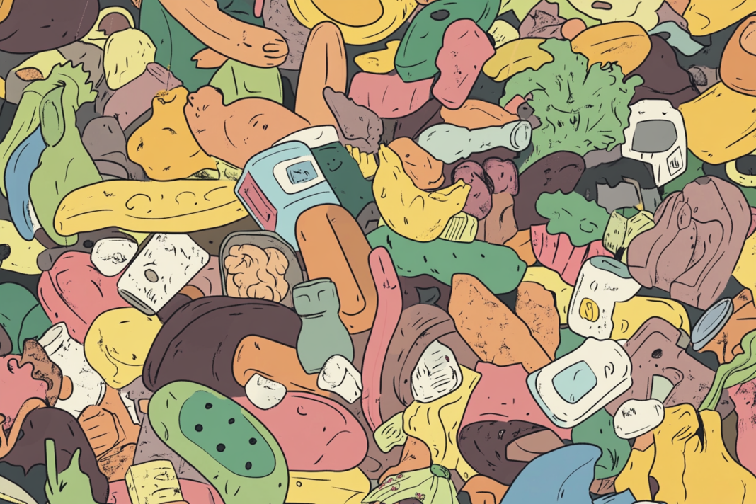 Ilustración colorida de comida desperdiciada en un basurero, incluyendo vegetales, latas, botellas, carnes y empaques.
