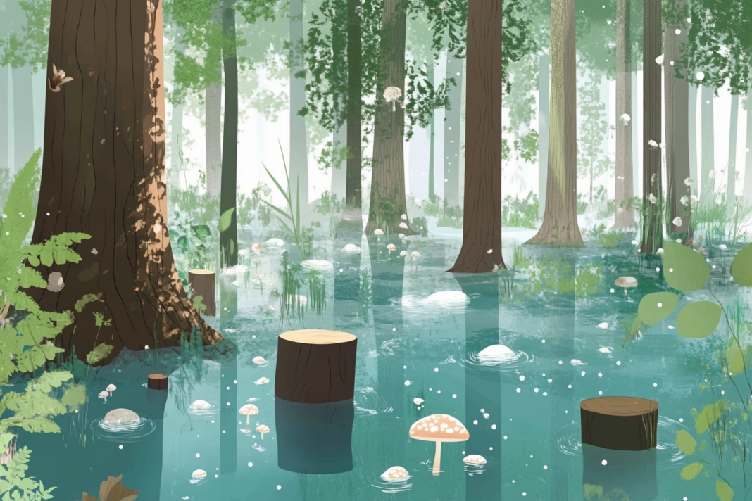 Ilustración de un bosque inundado con árboles talados y hongos visibles, representando la pérdida del ecosistema y la afectación al ciclo del agua en el Gran Bosque de Agua.