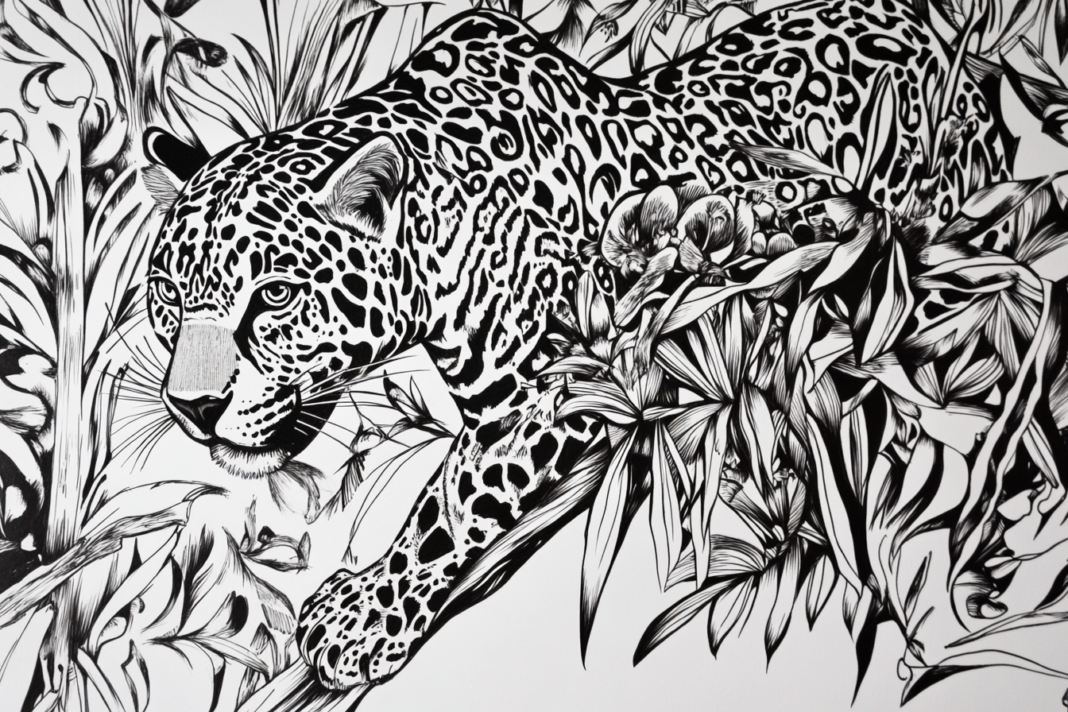 Ilustración en blanco y negro de un jaguar caminando entre vegetación selvática.
