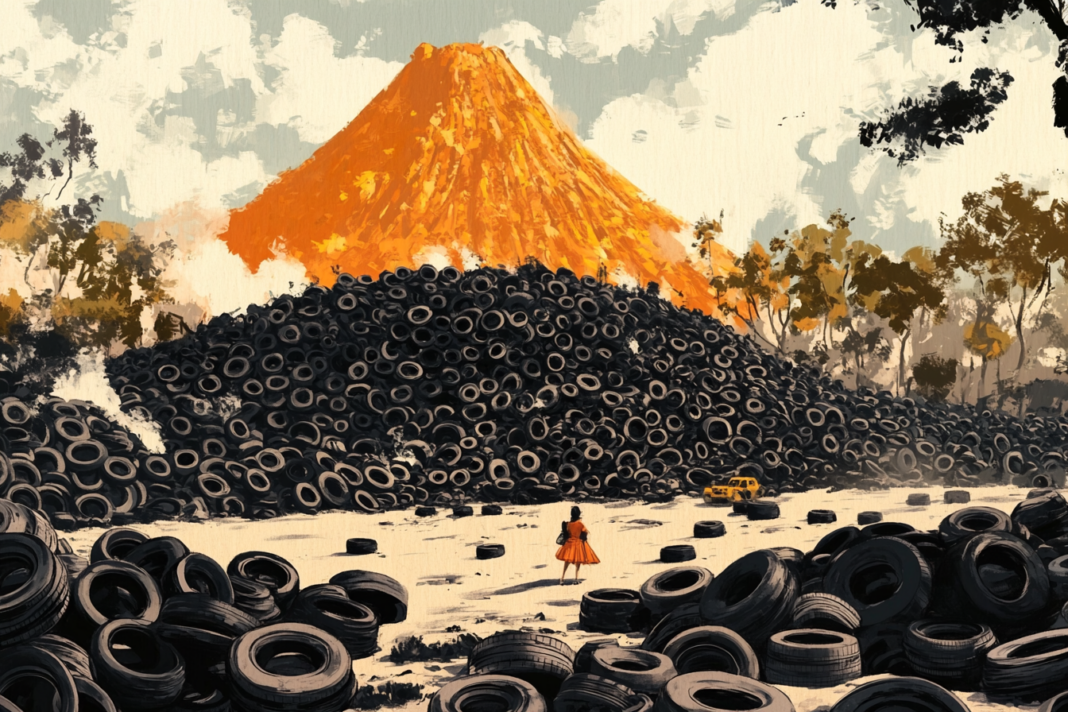 Ilustración de una enorme montaña de llantas usadas acumuladas en un paisaje natural de México, con un volcán al fondo y una persona observando el sitio.