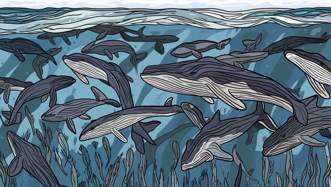 Ilustración de un grupo de ballenas grises nadando en el océano, representando su ruta migratoria hacia Baja California Sur.