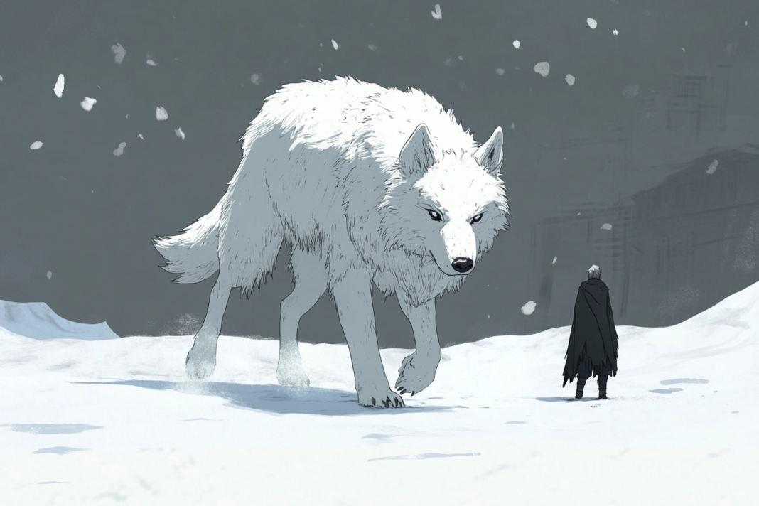 Huargo blanco gigante caminando en la nieve junto a una persona vestida con capa negra, en un paisaje invernal.