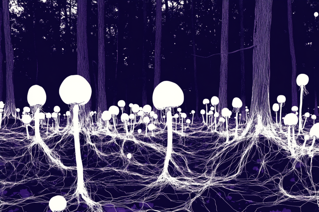 Red de micelio de hongos extendiéndose bajo el suelo de un bosque, visualizada como conexiones blancas brillantes entre árboles