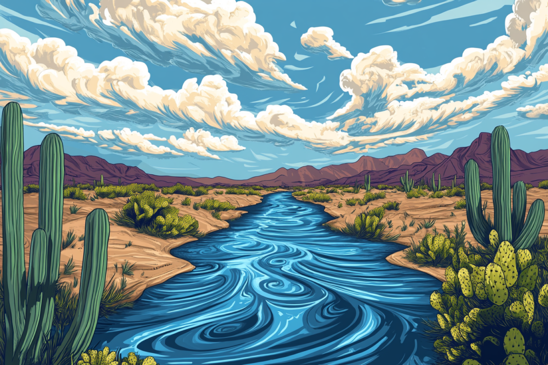 Vista ilustrada del río Bravo atravesando el desierto con cactus y montañas al fondo, representando la crisis hídrica en la frontera México–Estados Unidos.