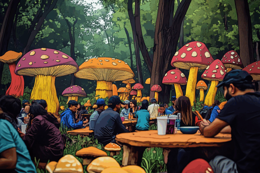 Personas compartiendo un picnic en el bosque entre hongos gigantes durante el Festival Spora 2025 en Chapultepec.
