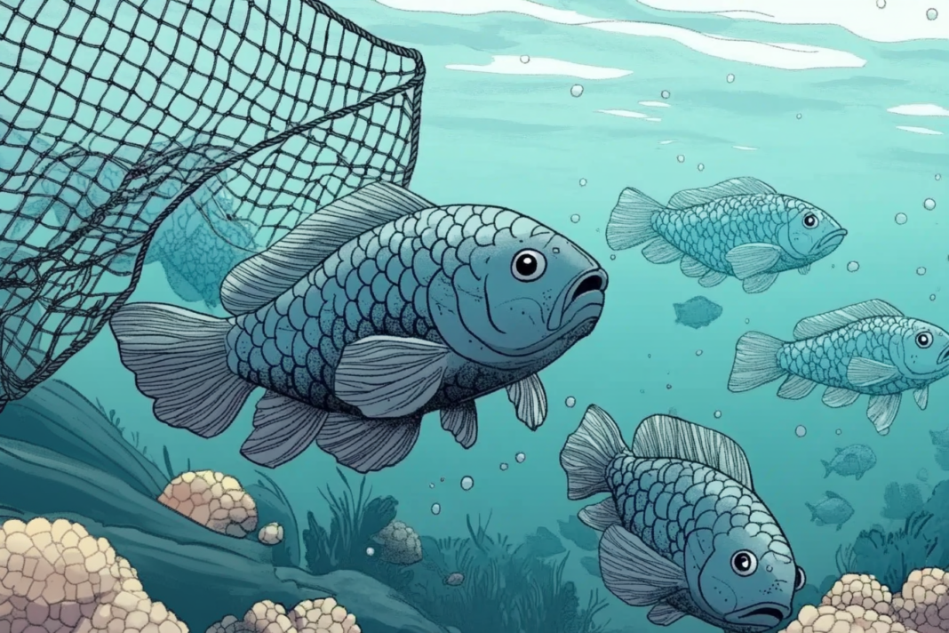 Ilustración de peces totoaba nadando en el mar junto a una red de pesca, representando la amenaza de la pesca ilegal.