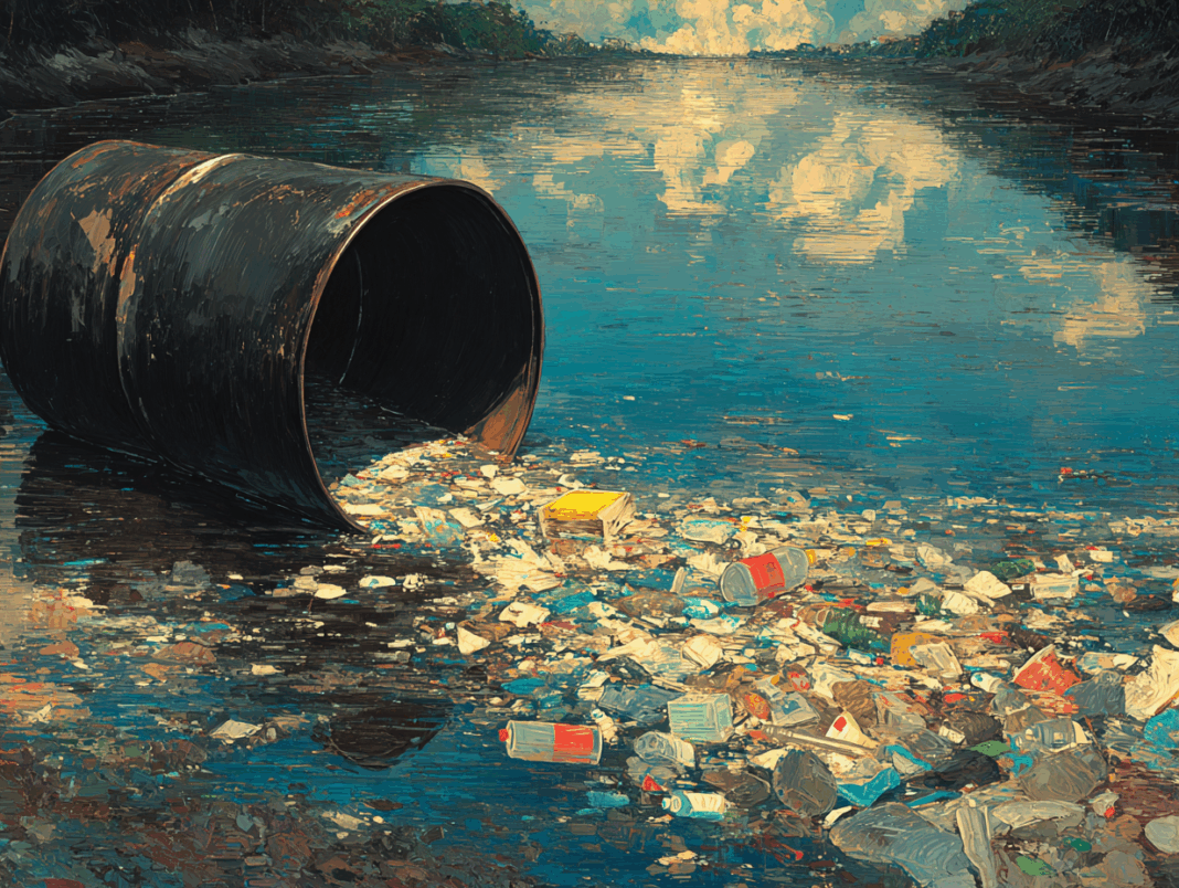 Un barril de petróleo derramado sobre un río libera basura plástica —botellas, bolsas y unicel— que flotan en el agua, simbolizando cómo la industria petrolera alimenta la crisis de la contaminación plástica