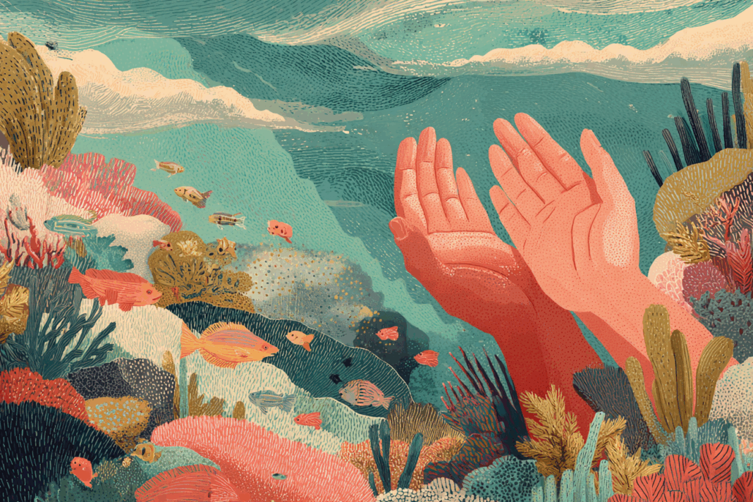Ilustración en estilo Jeremyville de dos manos abiertas protegiendo un arrecife de coral con peces de colores, simbolizando la conservación de los océanos para el Día Mundial de las Playas.